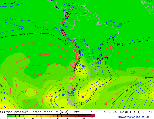 Surface pressure Spread ECMWF We 08.05.2024 06 UTC