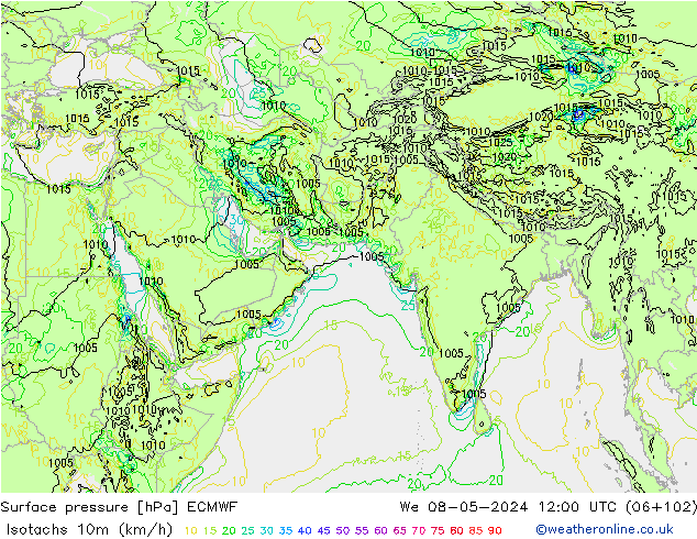 Isotachen (km/h) ECMWF Mi 08.05.2024 12 UTC