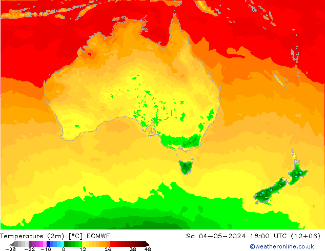 mapa temperatury (2m) ECMWF so. 04.05.2024 18 UTC