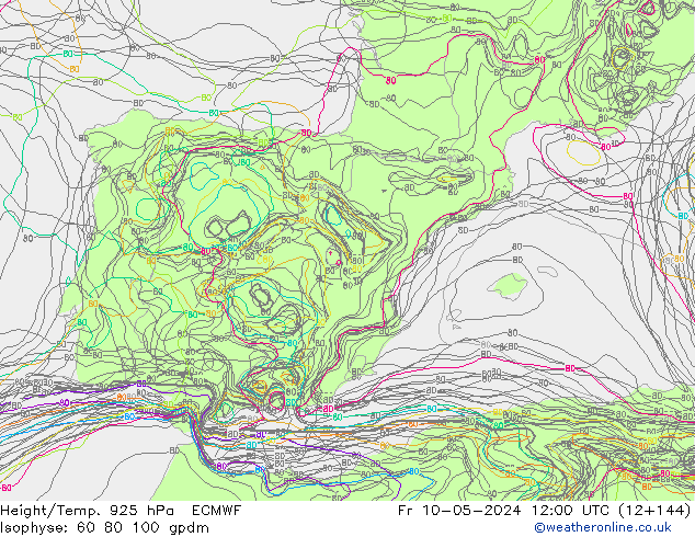 Hoogte/Temp. 925 hPa ECMWF vr 10.05.2024 12 UTC