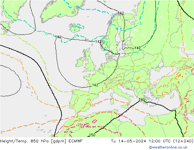 Height/Temp. 850 hPa ECMWF Tu 14.05.2024 12 UTC