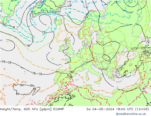 Height/Temp. 925 hPa ECMWF Sa 04.05.2024 18 UTC