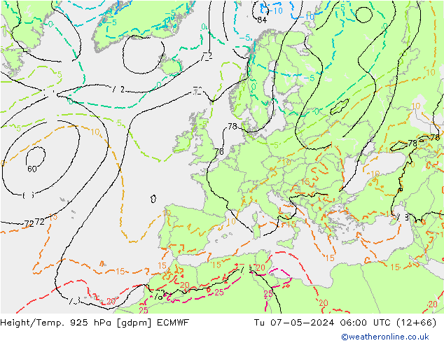 Yükseklik/Sıc. 925 hPa ECMWF Sa 07.05.2024 06 UTC