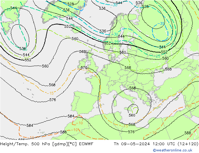 Height/Temp. 500 hPa ECMWF Do 09.05.2024 12 UTC