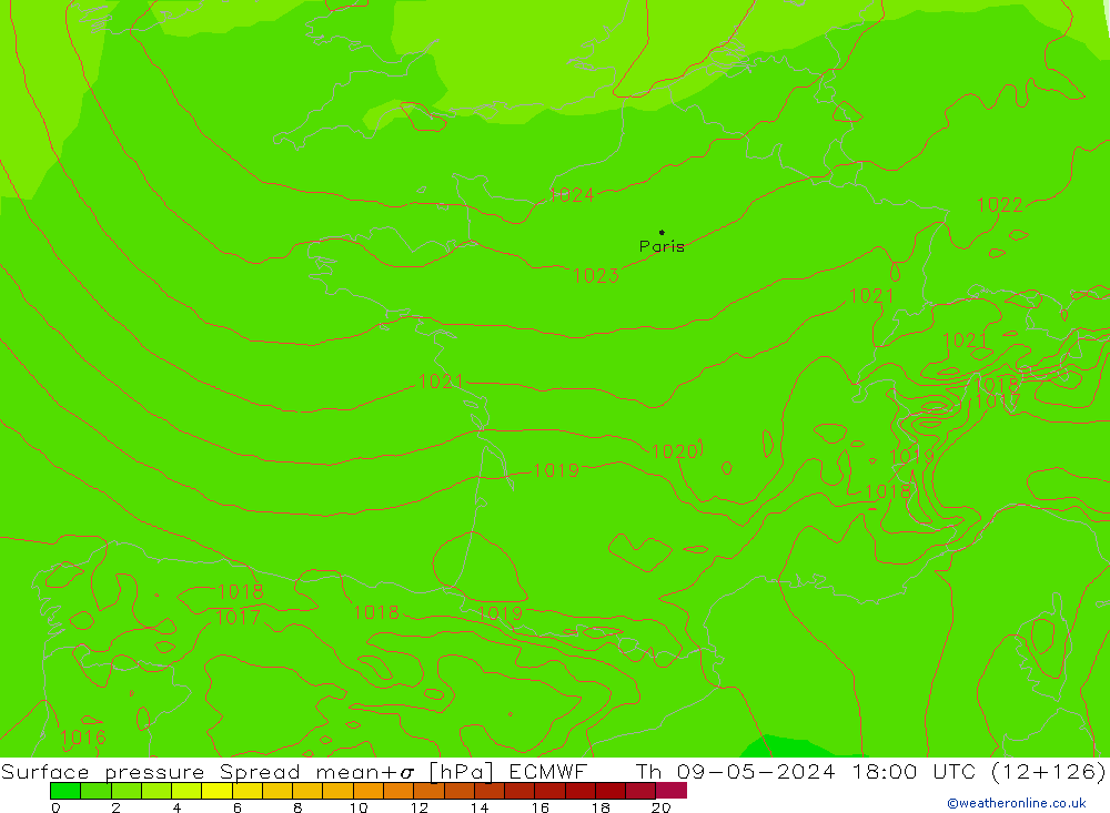 Surface pressure Spread ECMWF Th 09.05.2024 18 UTC