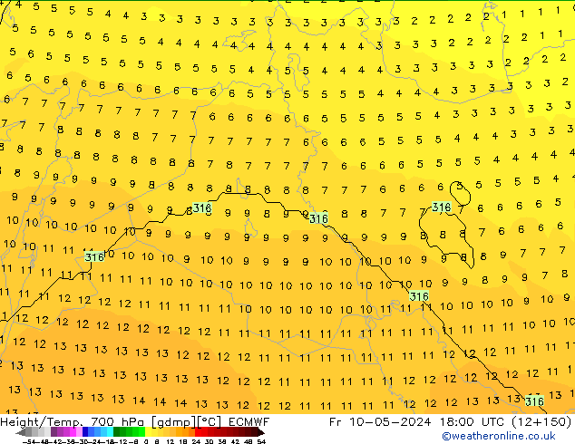 Height/Temp. 700 hPa ECMWF Fr 10.05.2024 18 UTC