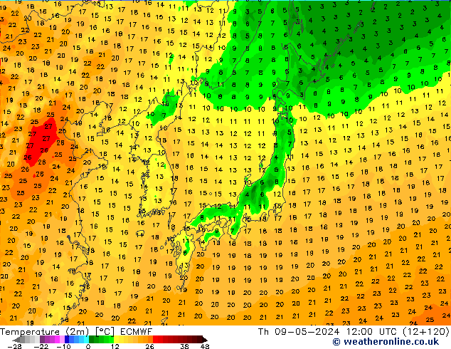 Temperaturkarte (2m) ECMWF Do 09.05.2024 12 UTC