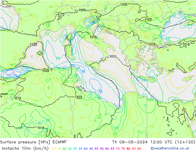 Isotachs (kph) ECMWF Th 09.05.2024 12 UTC