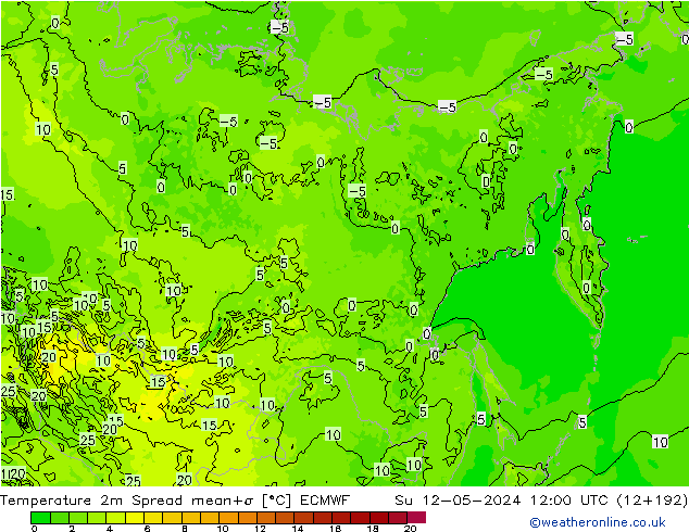 Temperature 2m Spread ECMWF Su 12.05.2024 12 UTC