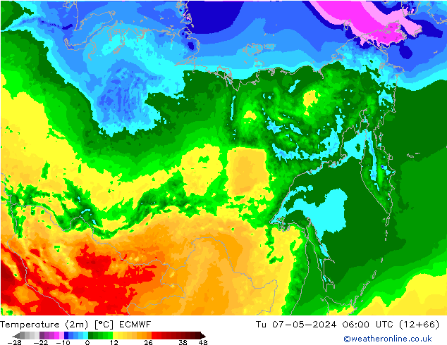 Temperature (2m) ECMWF Tu 07.05.2024 06 UTC