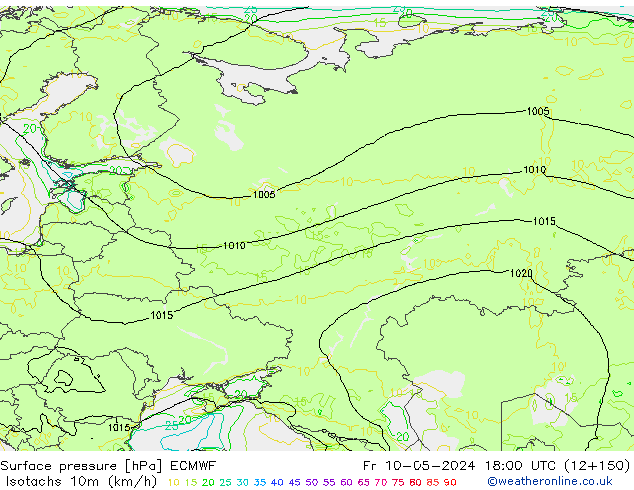 Isotachs (kph) ECMWF Fr 10.05.2024 18 UTC