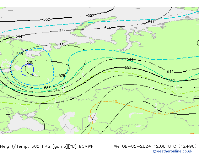 Hoogte/Temp. 500 hPa ECMWF wo 08.05.2024 12 UTC