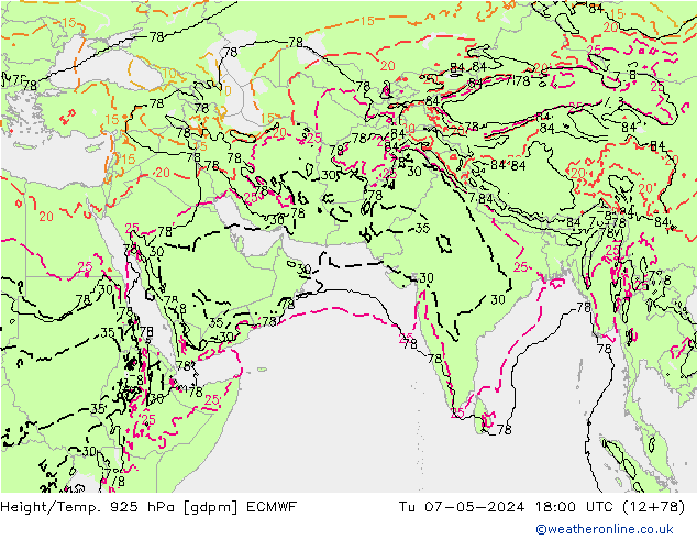 Height/Temp. 925 гПа ECMWF вт 07.05.2024 18 UTC