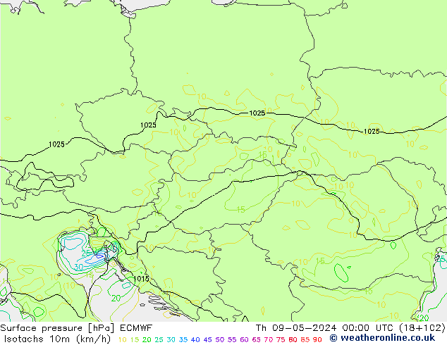 Isotachen (km/h) ECMWF do 09.05.2024 00 UTC