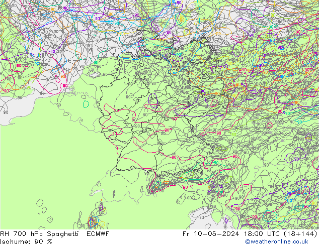 RH 700 hPa Spaghetti ECMWF Fr 10.05.2024 18 UTC