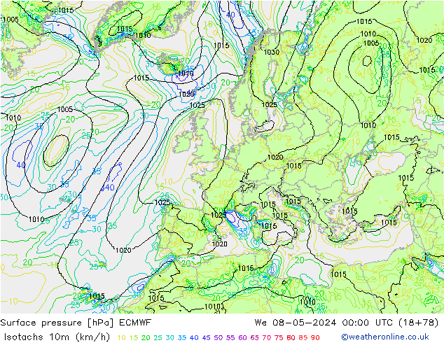 Isotachs (kph) ECMWF We 08.05.2024 00 UTC