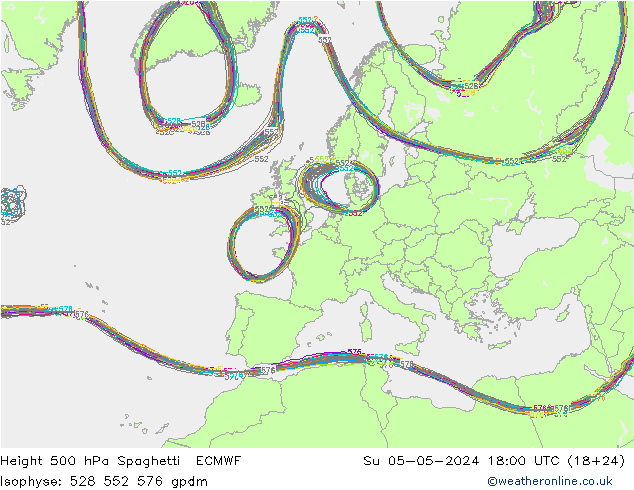 Height 500 hPa Spaghetti ECMWF Dom 05.05.2024 18 UTC