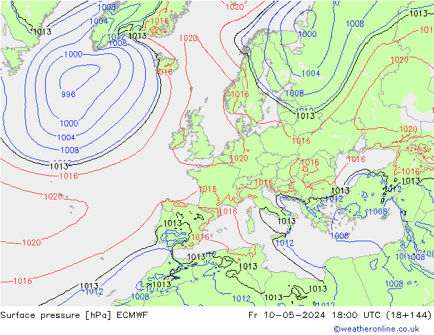 Presión superficial ECMWF vie 10.05.2024 18 UTC