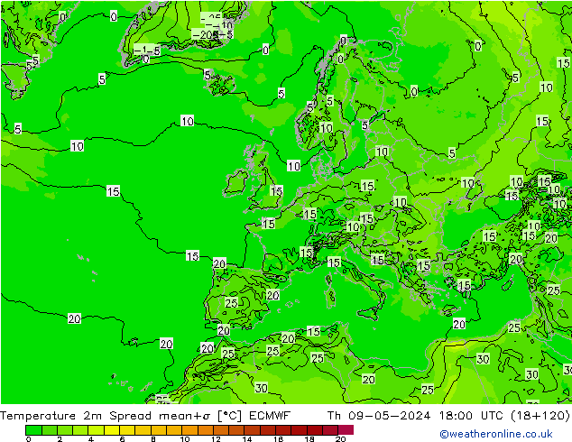 Temperaturkarte Spread ECMWF Do 09.05.2024 18 UTC