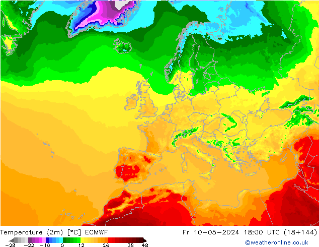 Temperature (2m) ECMWF Fr 10.05.2024 18 UTC