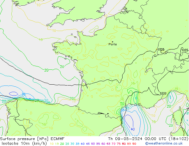 Isotachs (kph) ECMWF Th 09.05.2024 00 UTC