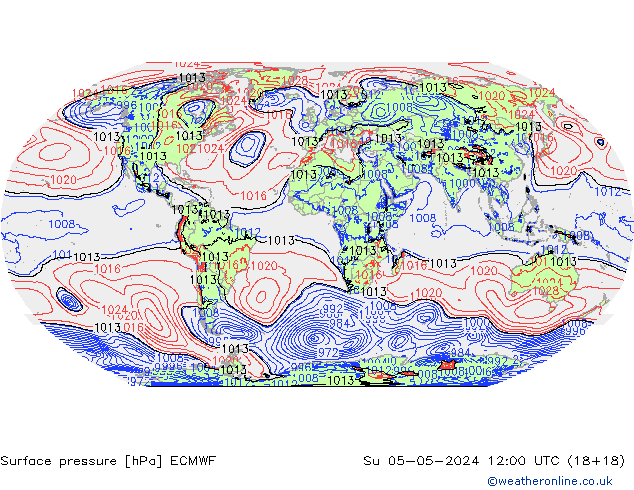 Atmosférický tlak ECMWF Ne 05.05.2024 12 UTC