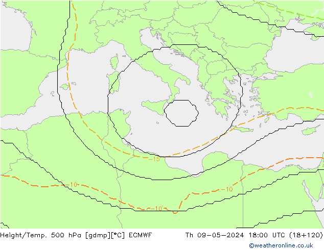 Height/Temp. 500 hPa ECMWF Qui 09.05.2024 18 UTC