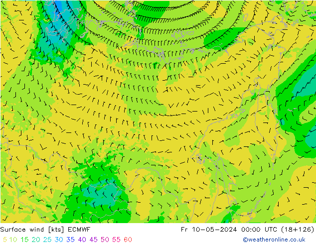 Surface wind ECMWF Pá 10.05.2024 00 UTC