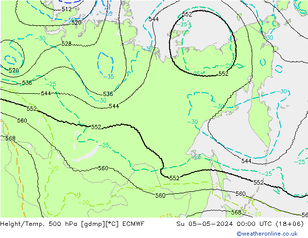 Height/Temp. 500 hPa ECMWF So 05.05.2024 00 UTC