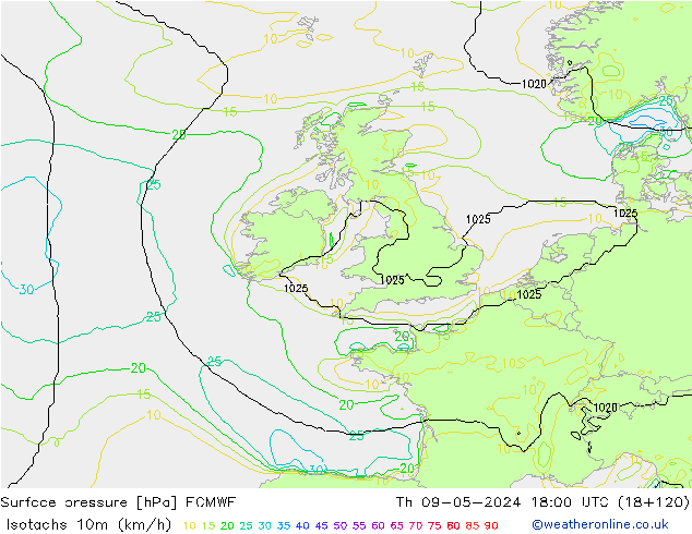Isotachs (kph) ECMWF Th 09.05.2024 18 UTC