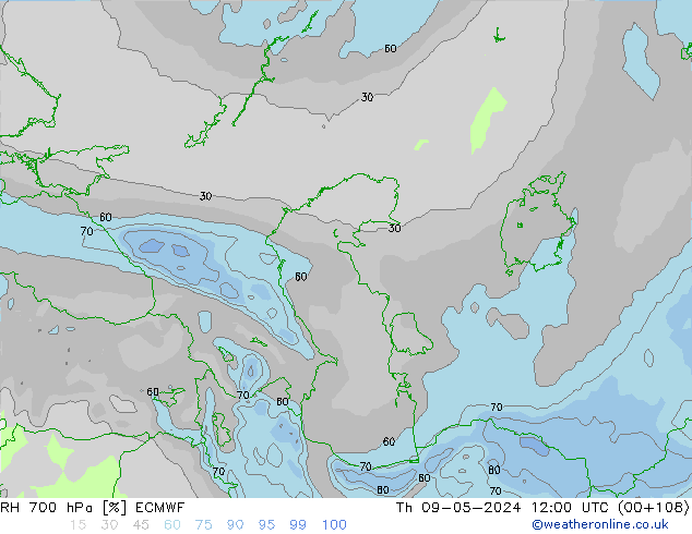 Humedad rel. 700hPa ECMWF jue 09.05.2024 12 UTC