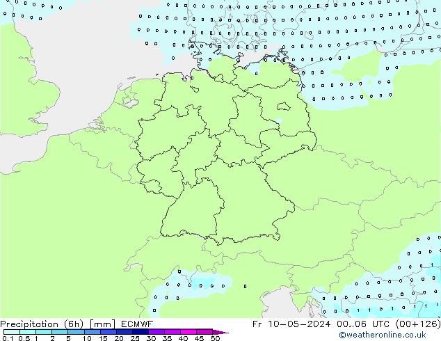 Totale neerslag (6h) ECMWF vr 10.05.2024 06 UTC