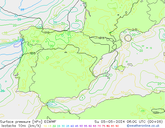 Isotachs (kph) ECMWF Su 05.05.2024 06 UTC