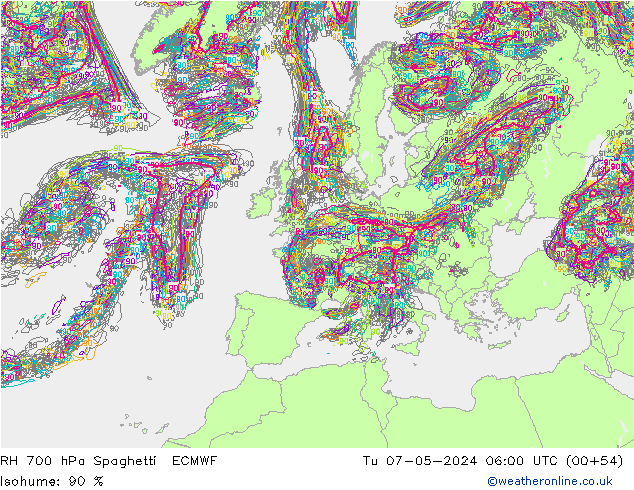 RH 700 hPa Spaghetti ECMWF Tu 07.05.2024 06 UTC