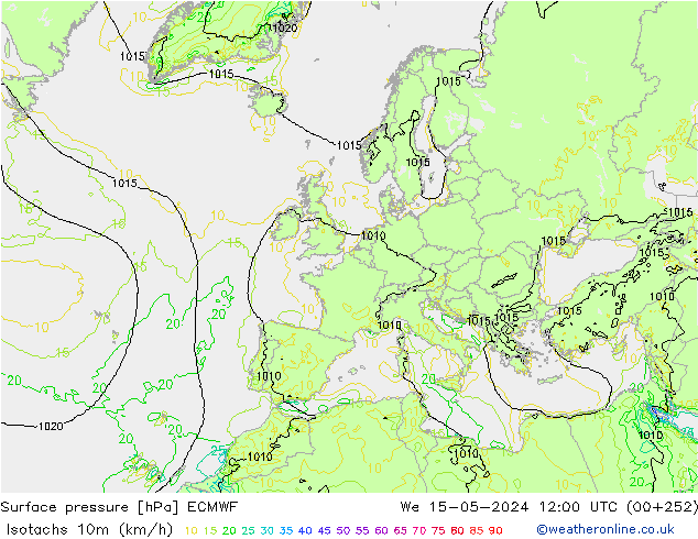 Isotachen (km/h) ECMWF Mi 15.05.2024 12 UTC
