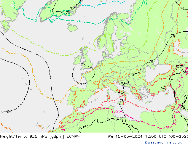 Height/Temp. 925 hPa ECMWF mer 15.05.2024 12 UTC