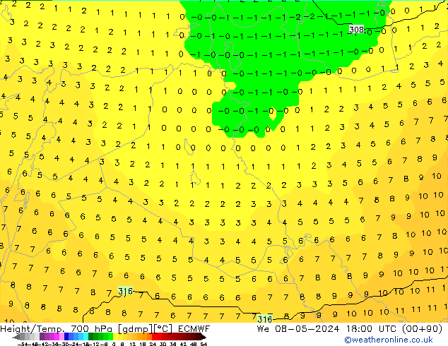 Height/Temp. 700 hPa ECMWF We 08.05.2024 18 UTC