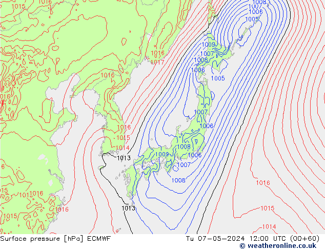 Surface pressure ECMWF Tu 07.05.2024 12 UTC