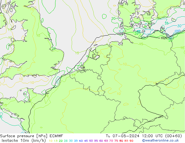 Isotachs (kph) ECMWF  07.05.2024 12 UTC