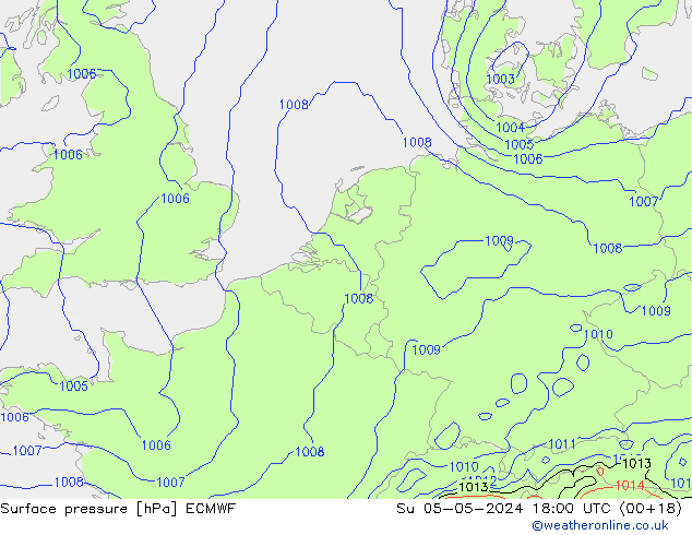 Atmosférický tlak ECMWF Ne 05.05.2024 18 UTC