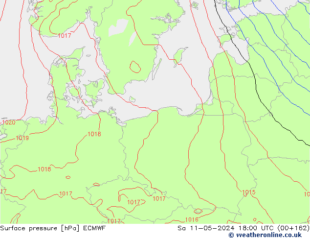 Presión superficial ECMWF sáb 11.05.2024 18 UTC