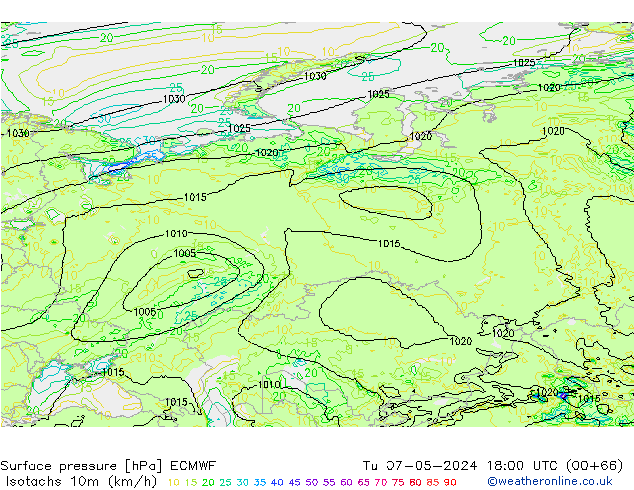 Isotachen (km/h) ECMWF di 07.05.2024 18 UTC