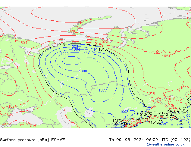 Atmosférický tlak ECMWF Čt 09.05.2024 06 UTC