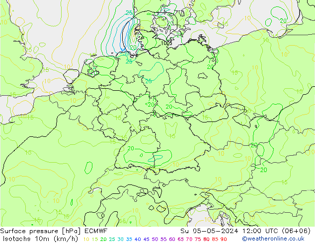 Isotachen (km/h) ECMWF So 05.05.2024 12 UTC