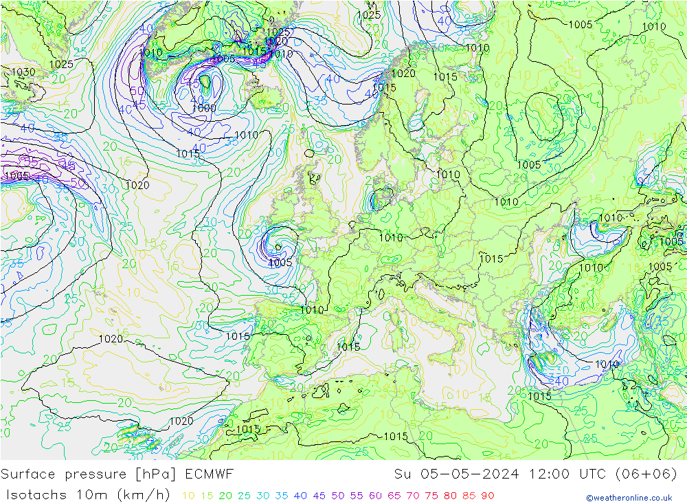 Isotachs (kph) ECMWF Su 05.05.2024 12 UTC