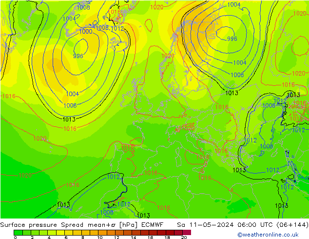 Surface pressure Spread ECMWF Sa 11.05.2024 06 UTC