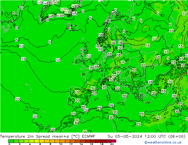 Temperatura 2m Spread ECMWF Dom 05.05.2024 12 UTC
