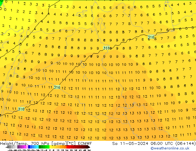 Height/Temp. 700 hPa ECMWF Sa 11.05.2024 06 UTC