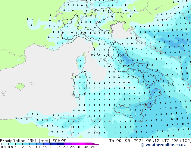 Precipitation (6h) ECMWF Čt 09.05.2024 12 UTC