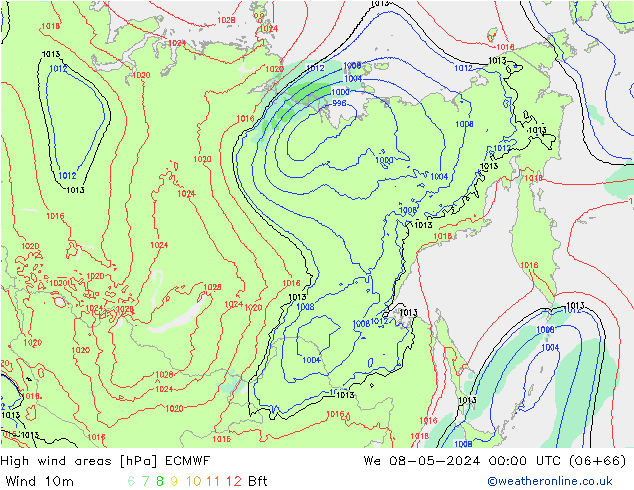 High wind areas ECMWF mer 08.05.2024 00 UTC